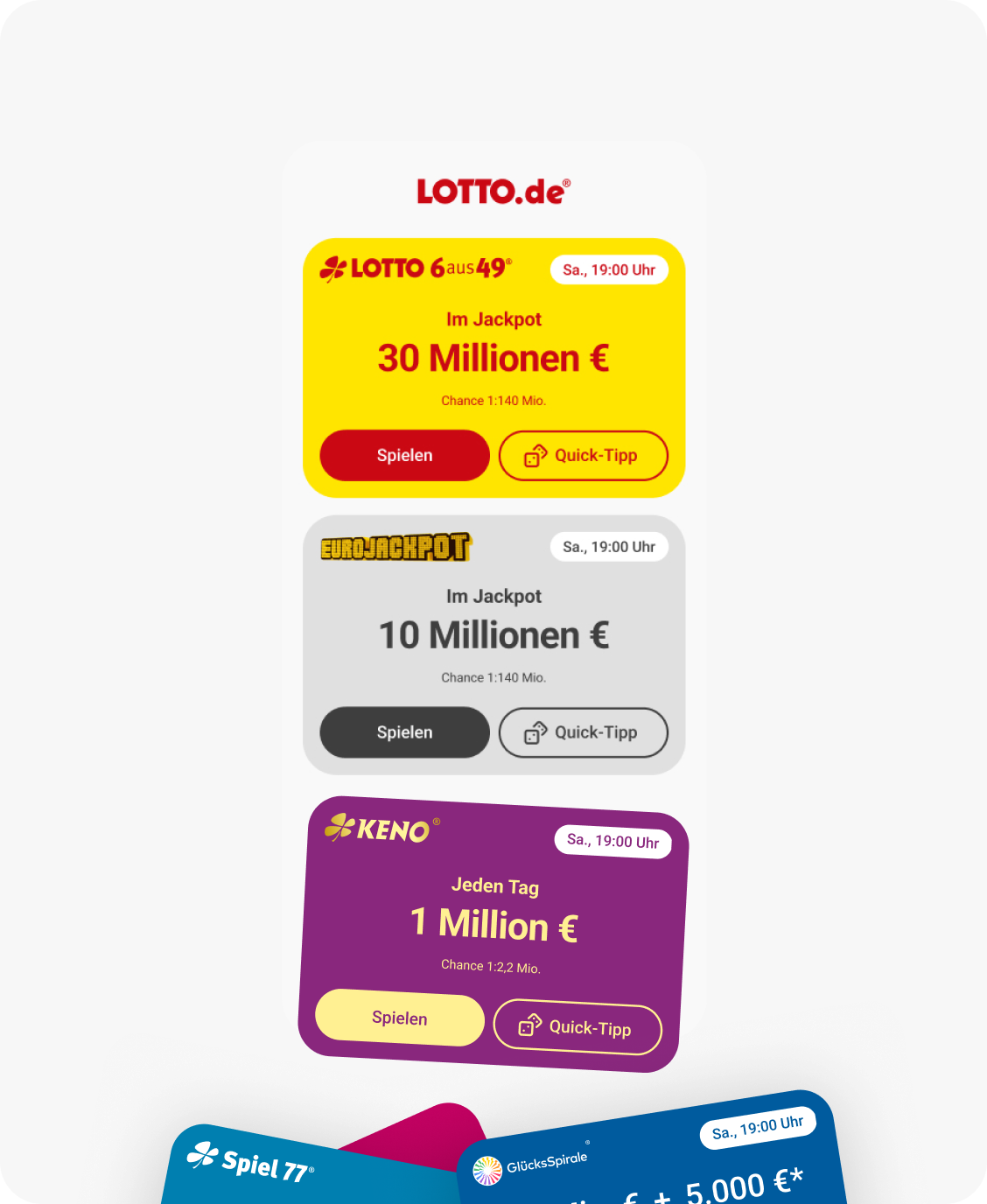 Startseite der App mit Produktkacheln