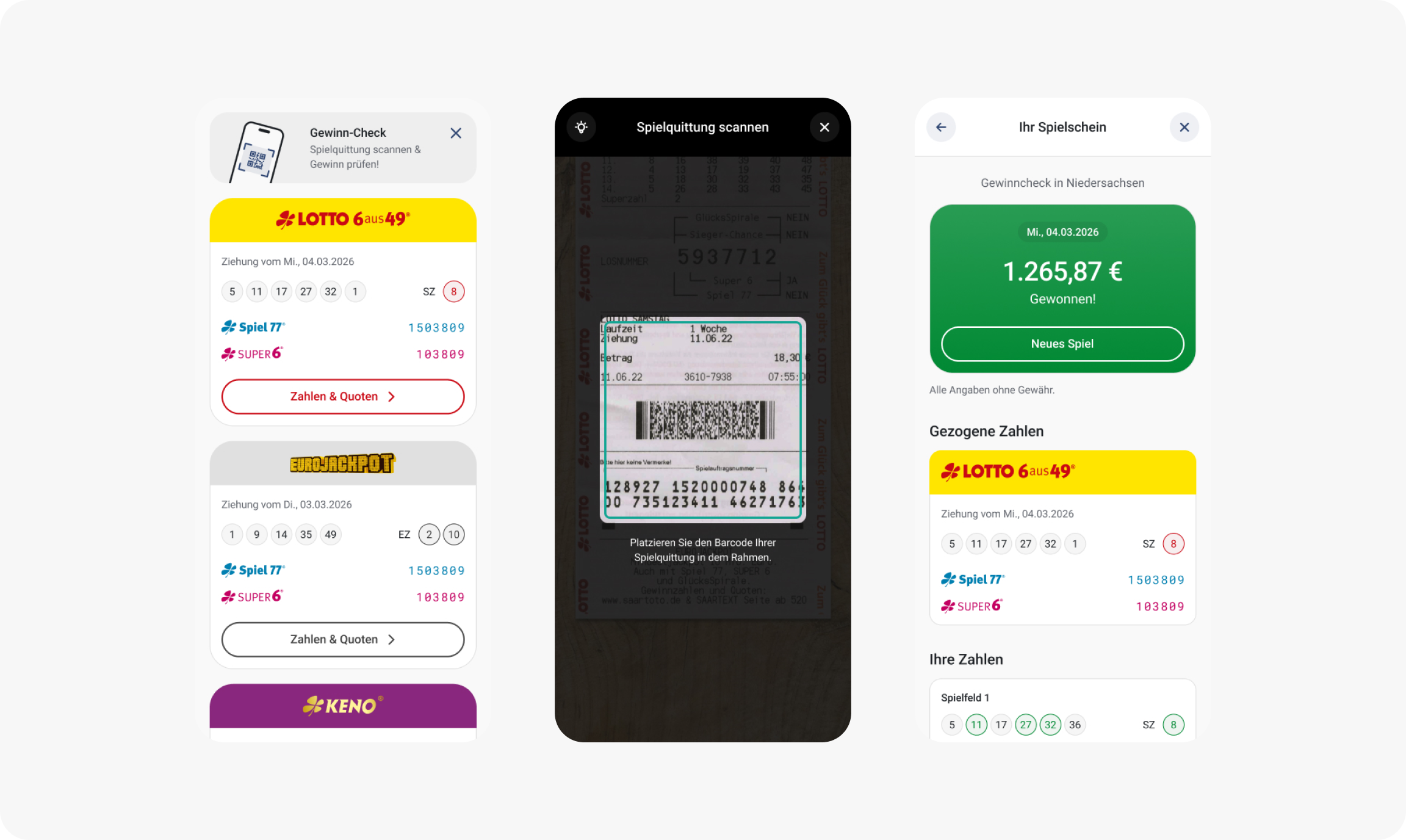 Ziehungsergebnisse, Scanner-Funktion und Gewinncheck