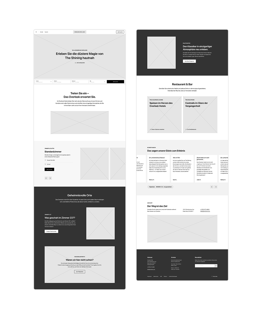 Wireframes von der Startseite