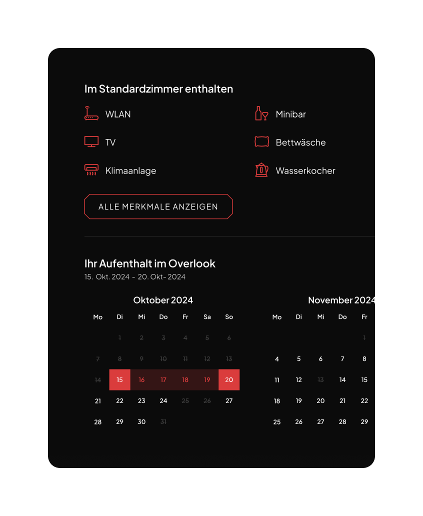 Interface Komponenten auf der Detailseite eines Zimmers