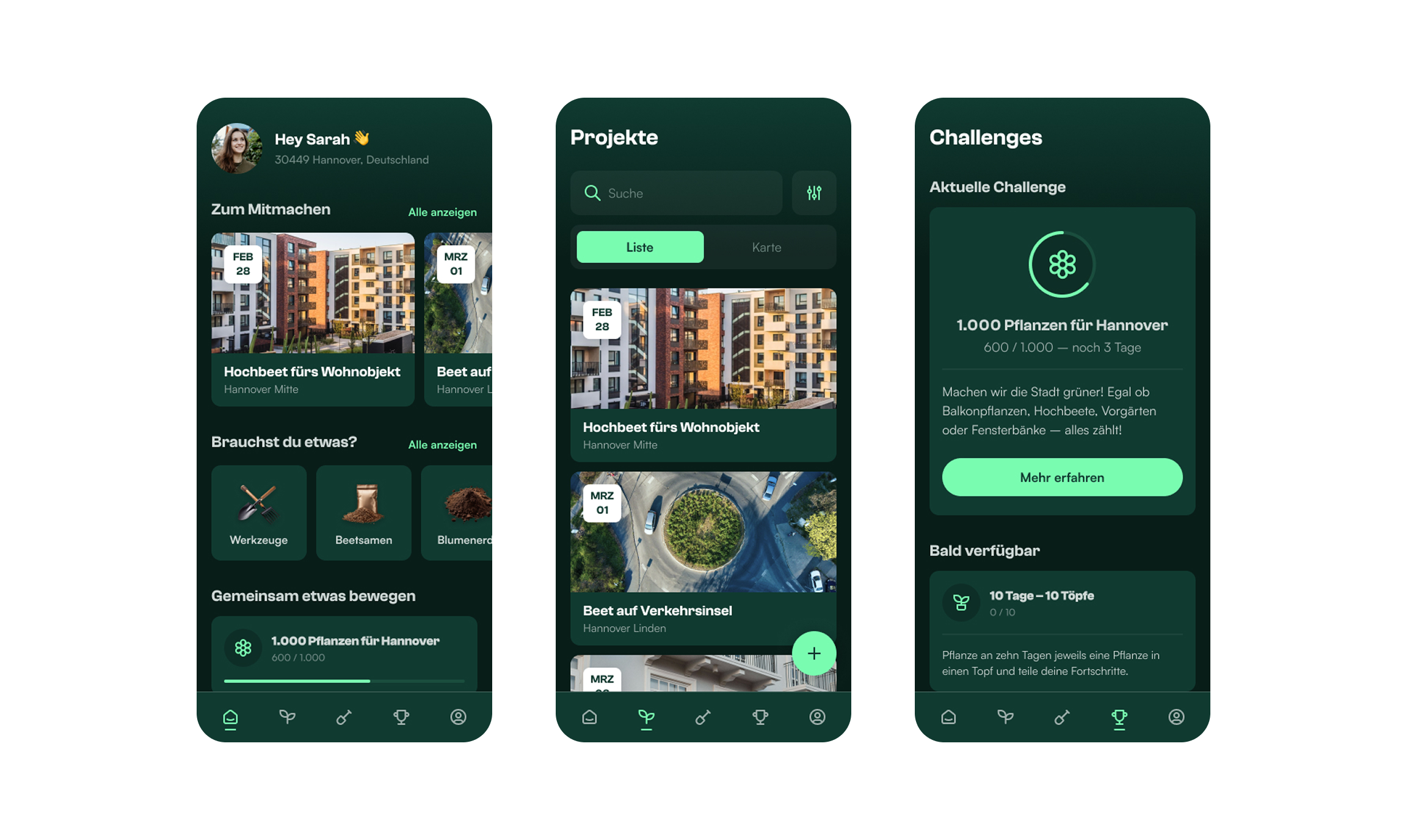 Startseite, Projektübersicht und Challenges in der App
